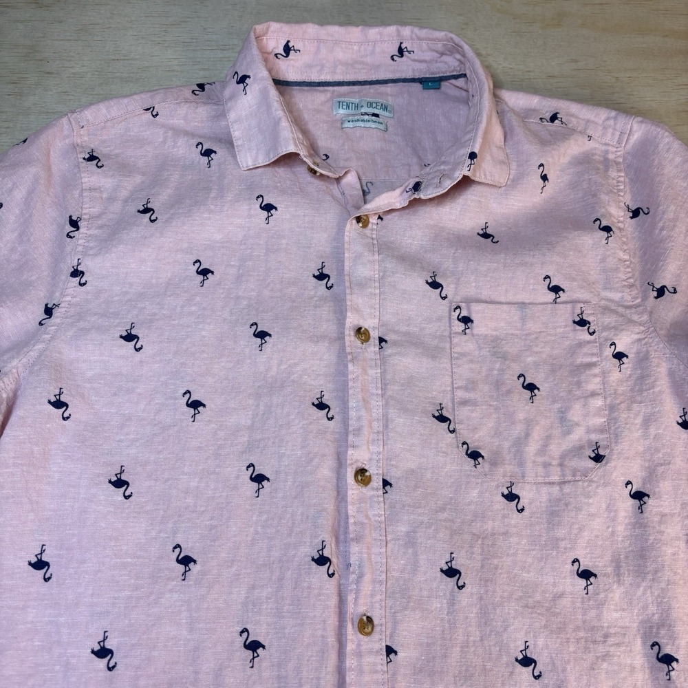 Tenth + Ocean Washable Linen Flamingo Beach Resort Preppy Shortsleeve Shirt L